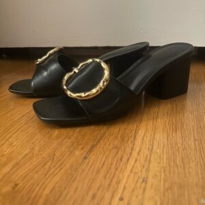 Black Heeled Mules with Gold Buckle Accent